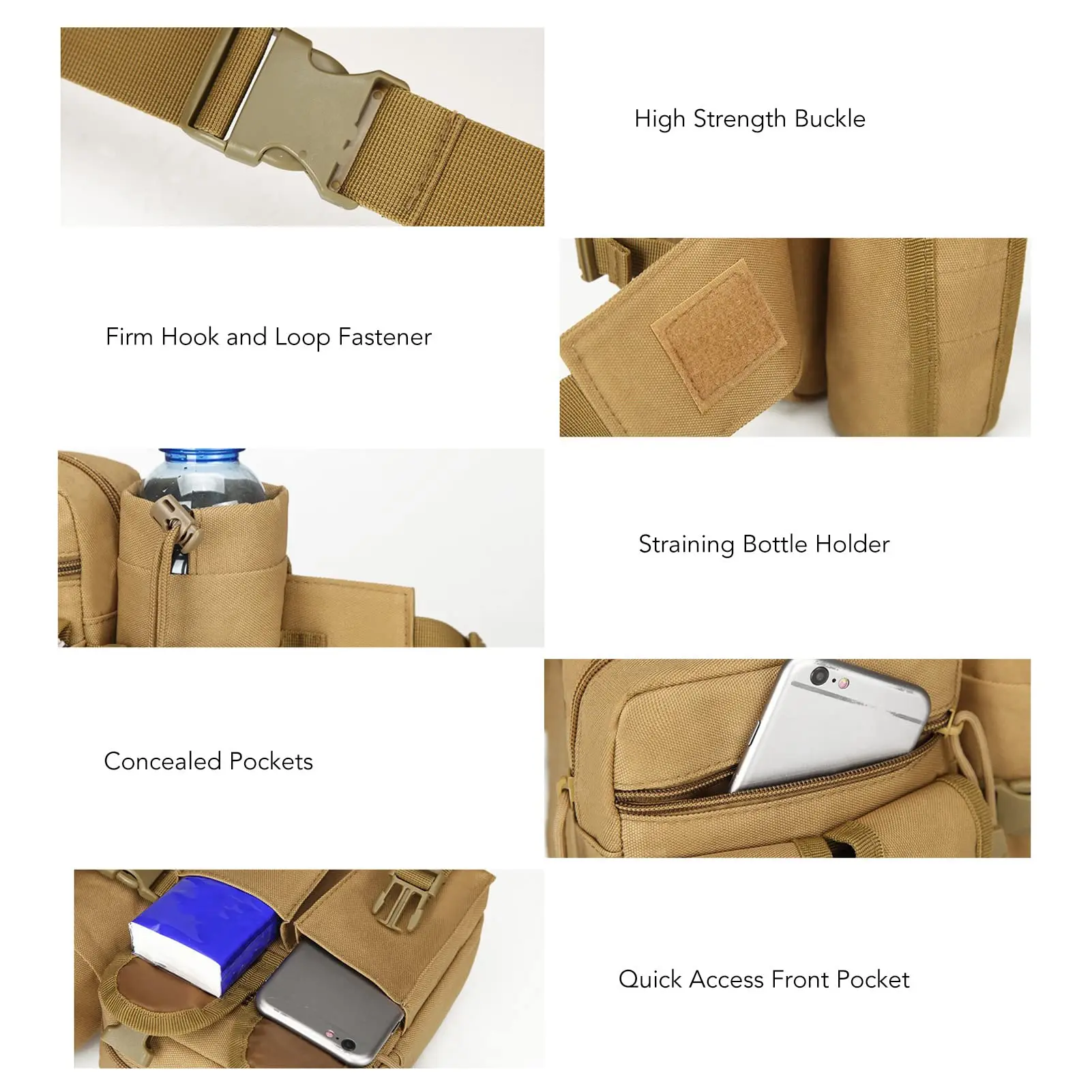 Riñonera para exteriores, riñonera impermeable de nailon, cómoda, de gran capacidad, para viajes, deportes, color canela - imagen 5