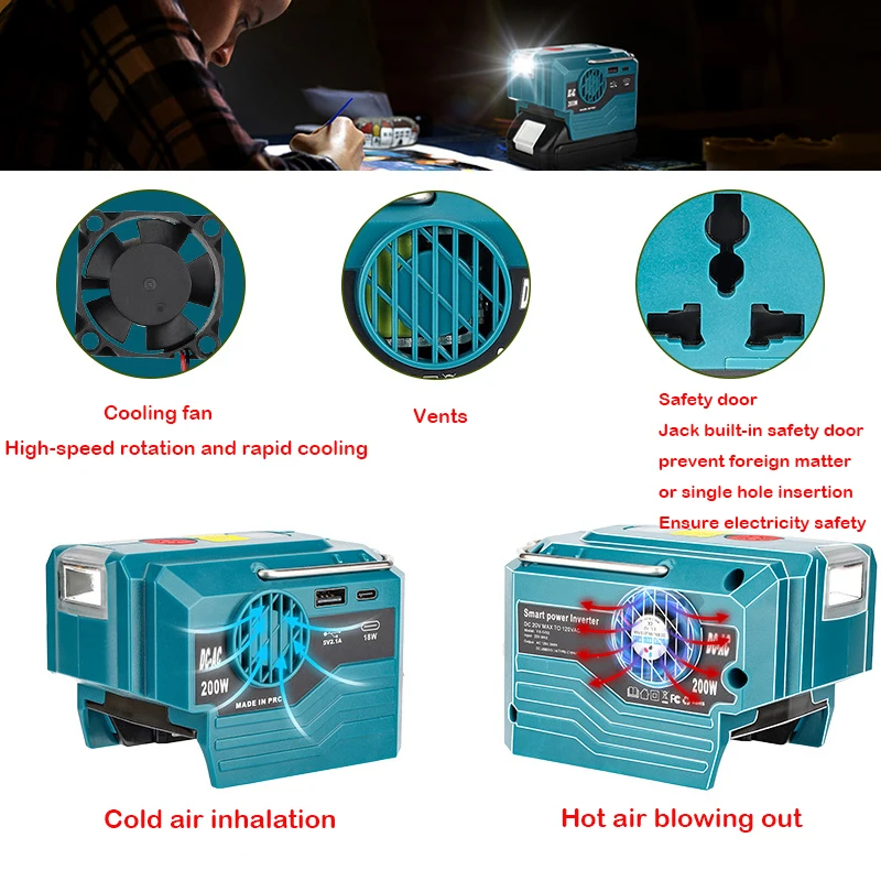 Nuevo adaptador de corriente de onda sinusoidal modificada de 200W CA 120-220V para inversor portátil para exteriores con batería Makita de 18V - imagen 4