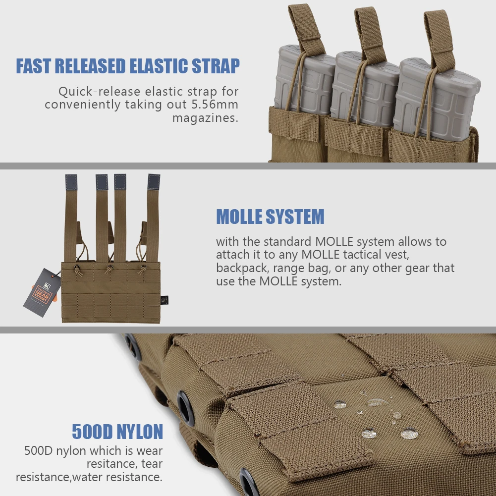 KRYDEX-bolsa Modular Triple Mag táctica 556 223 M4 M16, bolsa para revistas, portabebés MOLLE con tapa abierta para equipo de tiro y cazar - imagen 4