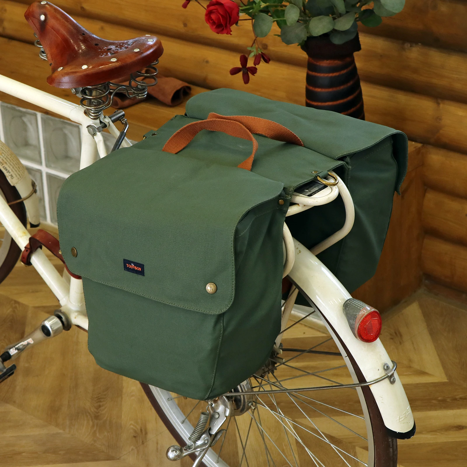 Tourbon-alforjas de bicicleta Vintage para asiento trasero, bolsas de sillín de bicicleta, equipaje de ciclismo, dos almacenamiento, lona de cera repelente al agua de 23L