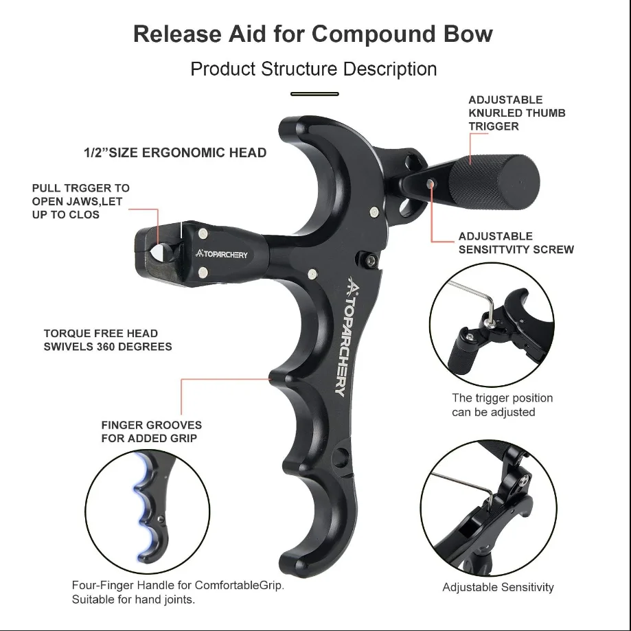 Liberación de arco Toparchery para arco compuesto 360 °   Gatillo de liberación de tiro con arco giratorio de aluminio de 4 dedos con accesorios - imagen 5
