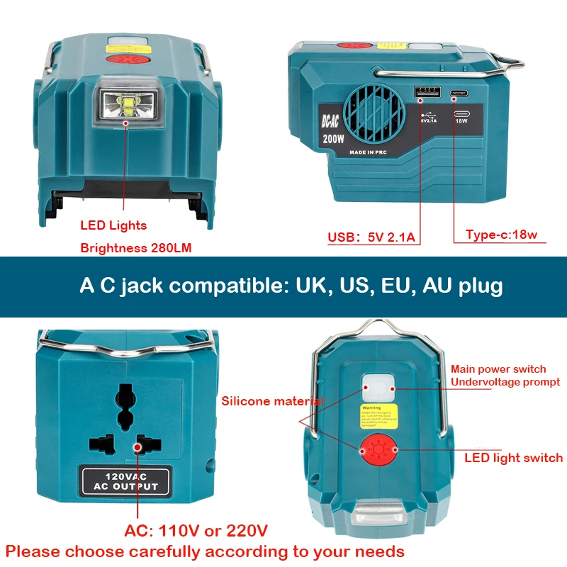 Nuevo adaptador de corriente de onda sinusoidal modificada de 200W CA 120-220V para inversor portátil para exteriores con batería Makita de 18V - imagen 5