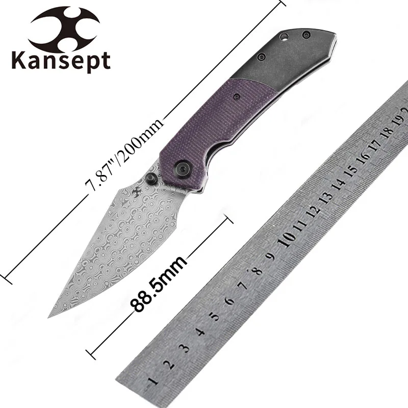 Cuchillo plegable Kansept Fenrir, hoja Damasco, micarta violeta
