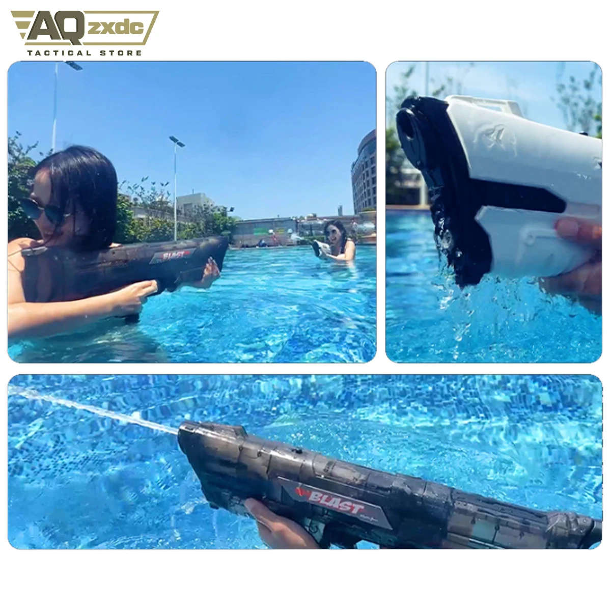 Una mujer sostiene una pistola de agua en la piscina