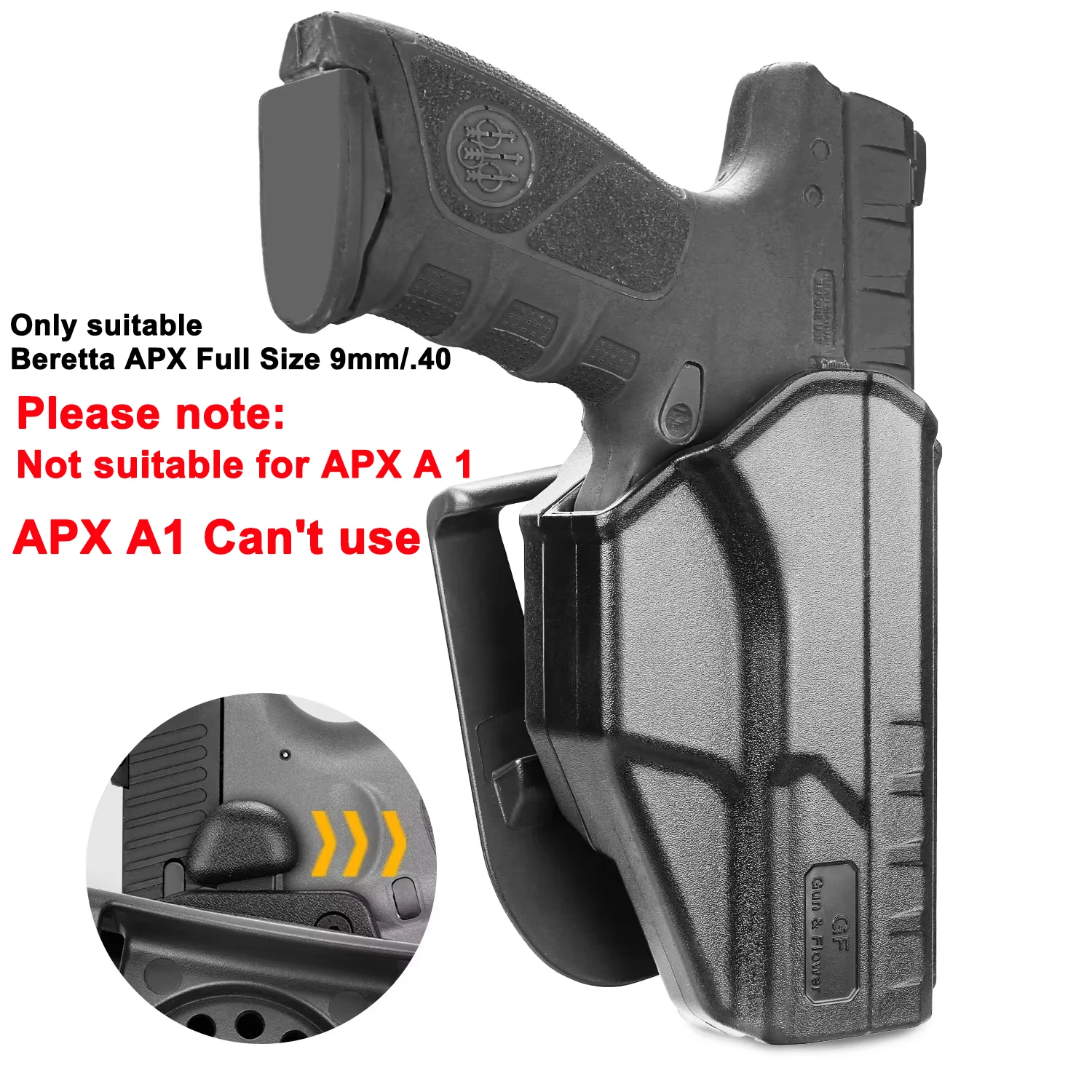 Funda Beretta APX, (no compatible con Beretta APX A1), funda OWB para pulgar compatible con Beretta APX tamaño completo 9 mm/.40, retención de nivel II/360 grados