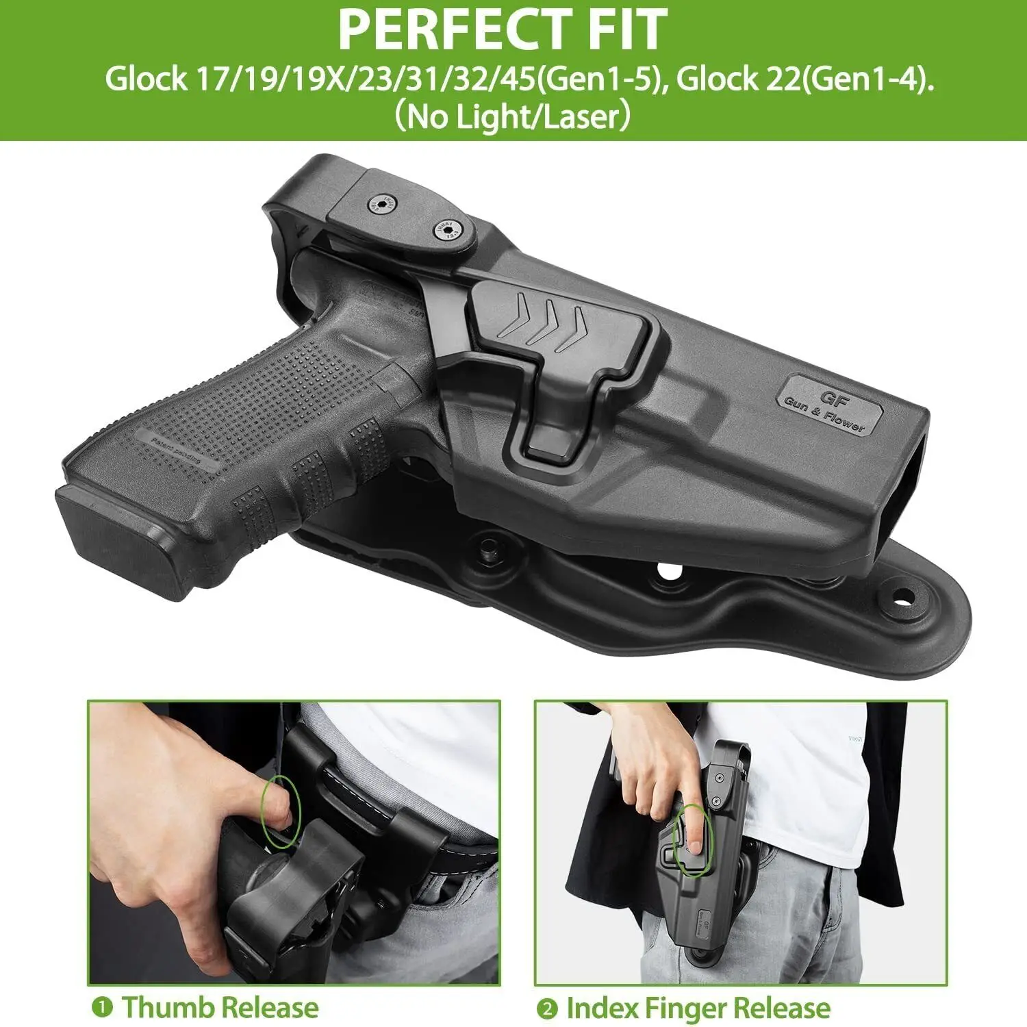 Funda OWB de retención de nivel III para Glock 17/19/31/32(Gen1-5),G22/23(Gen1-4),desbloqueo con dedo índice y pulgar, mano derecha - imagen 3