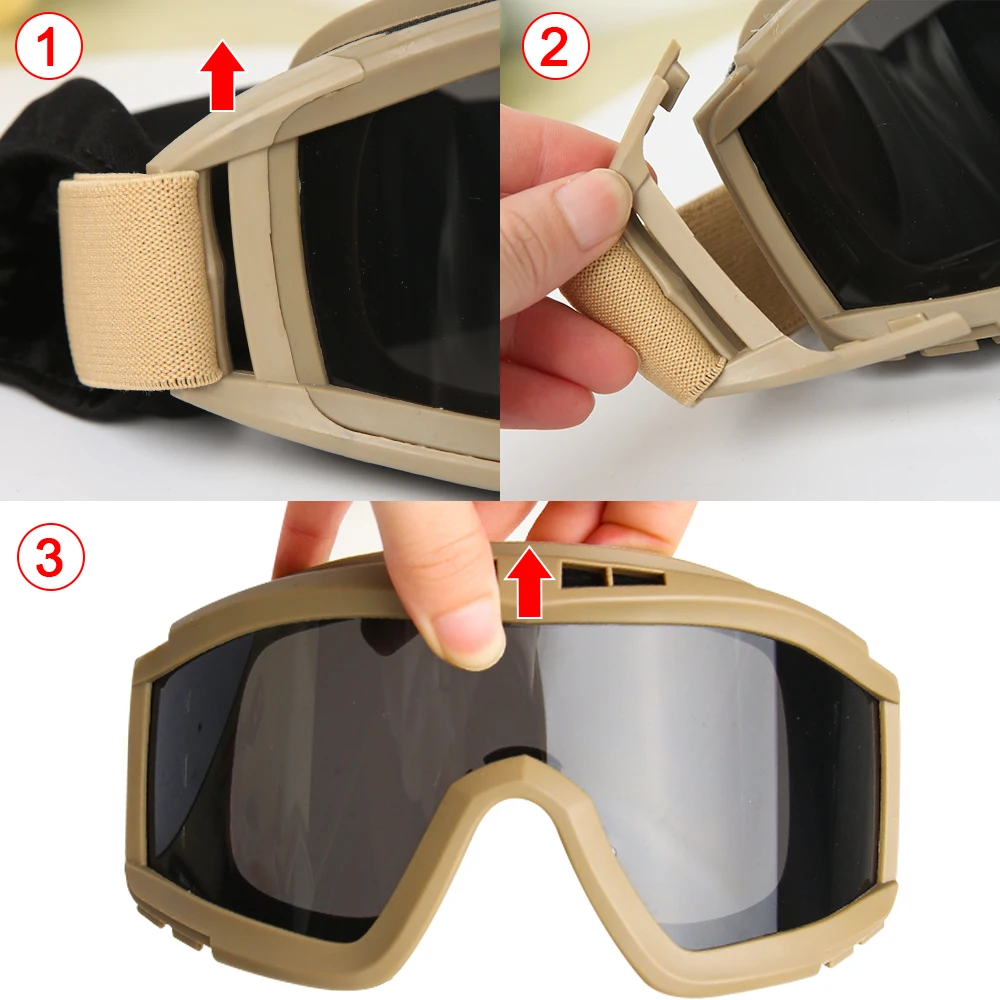 JSJM-gafas tácticas Airsoft, 3 lentes, a prueba de viento, a prueba de polvo, para tiro, Motocross, motocicleta, montañismo, protección segura CS - imagen 5