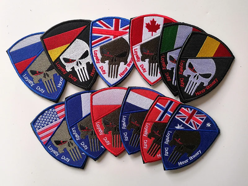 Parches de banderas de calavera de EE. UU., España y Rusia, apliques bordados de gancho y lazo para ropa, venta al por mayor, 9,5x7cm - imagen 5