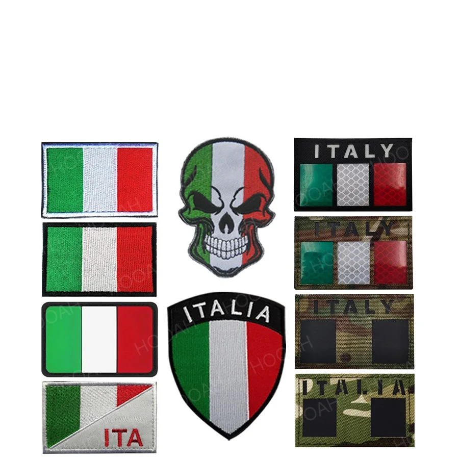 Parche bordado de la bandera de Italia, emblema táctico, apliques, insignias bordadas de goma de PVC italiano de Italia