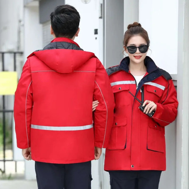 Ropa reflectante de trabajo al aire libre para hombres y mujeres, chaqueta gruesa a prueba de viento, abrigo de taller de fábrica con capucha, Parka duradera, traje de trabajador, Invierno - imagen 4