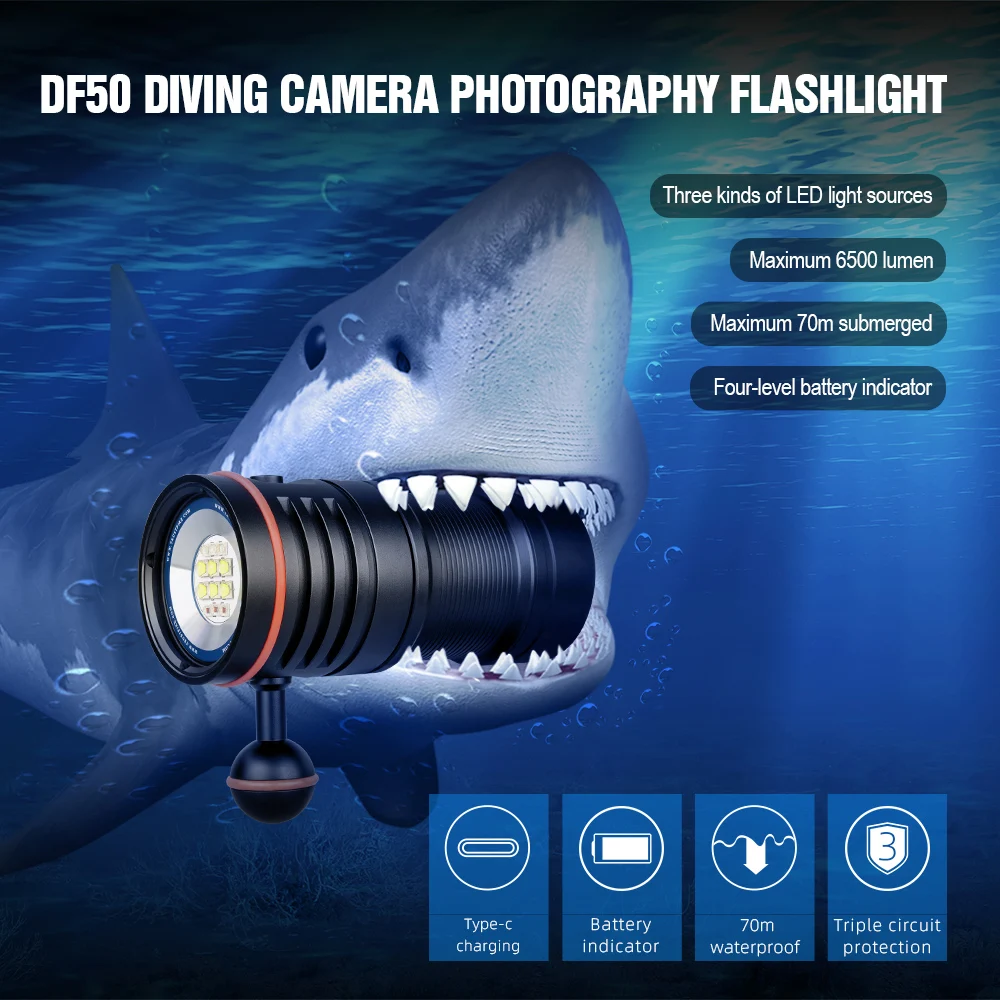 TrustFire DF50 linterna LED de buceo 6500 lúmenes luz de fotografía de vídeo subacuática 100m iluminación de buceo antorcha LED de alto brillo - imagen 3