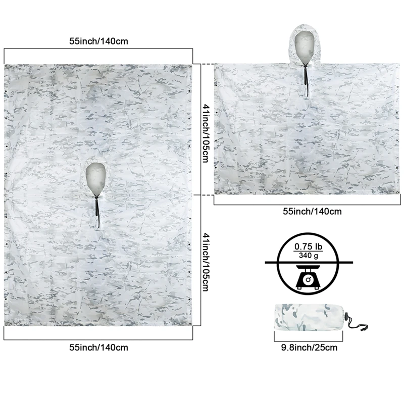 Trajes Ghillie de caza de camuflaje, Poncho de lluvia de POLIÉSTER + PU impermeable, Poncho de lluvia de emergencia ambiental, ropa deportiva para exteriores - imagen 3