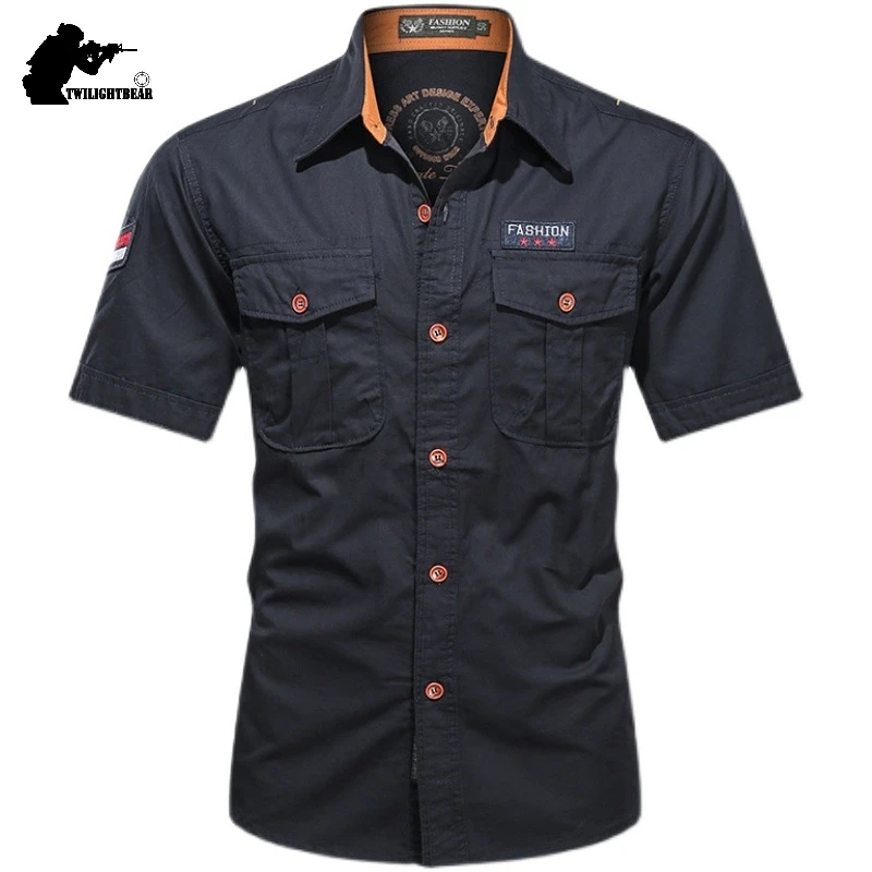 Nuevas camisas informales para hombre, Camisa de algodón puro de manga corta, camisas de carga militares de gran tamaño sólidas para hombre, ropa para hombre, camisa 5XL A2F168 - imagen 2