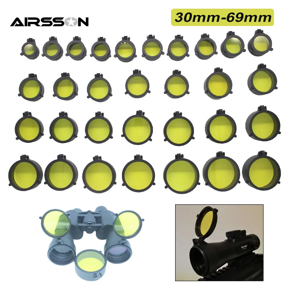 Cubierta de lente transparente para Mira de Rifle, tapa de protección de resorte rápido, visor amarillo abatible hacia arriba, calibre de caza, 30-69mm