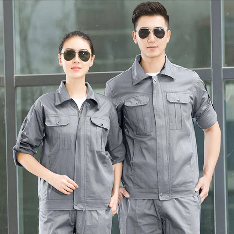 Uniformes de trabajo de manga corta, traje de soldadura fina transpirable, Color sólido, 100% algodón, para reparación de automóviles, taller, monos mecánicos - imagen 4