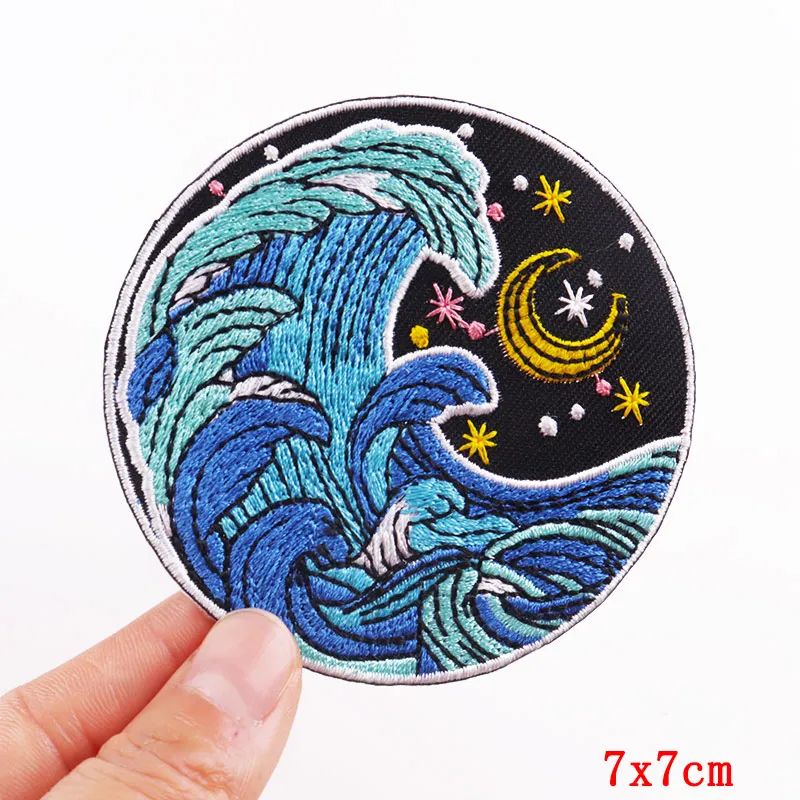 Parches bordados de ondas de dibujos animados en el espacio de la ropa, insignias de apliques para exteriores, parches termoadhesivos para ropa, pegatinas - imagen 5