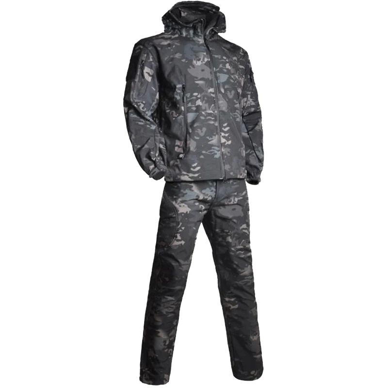 Traje táctico de Softshell para exteriores, ropa de caza de camuflaje impermeable con capucha, chaqueta y pantalones de lana para senderismo y Camping - imagen 5
