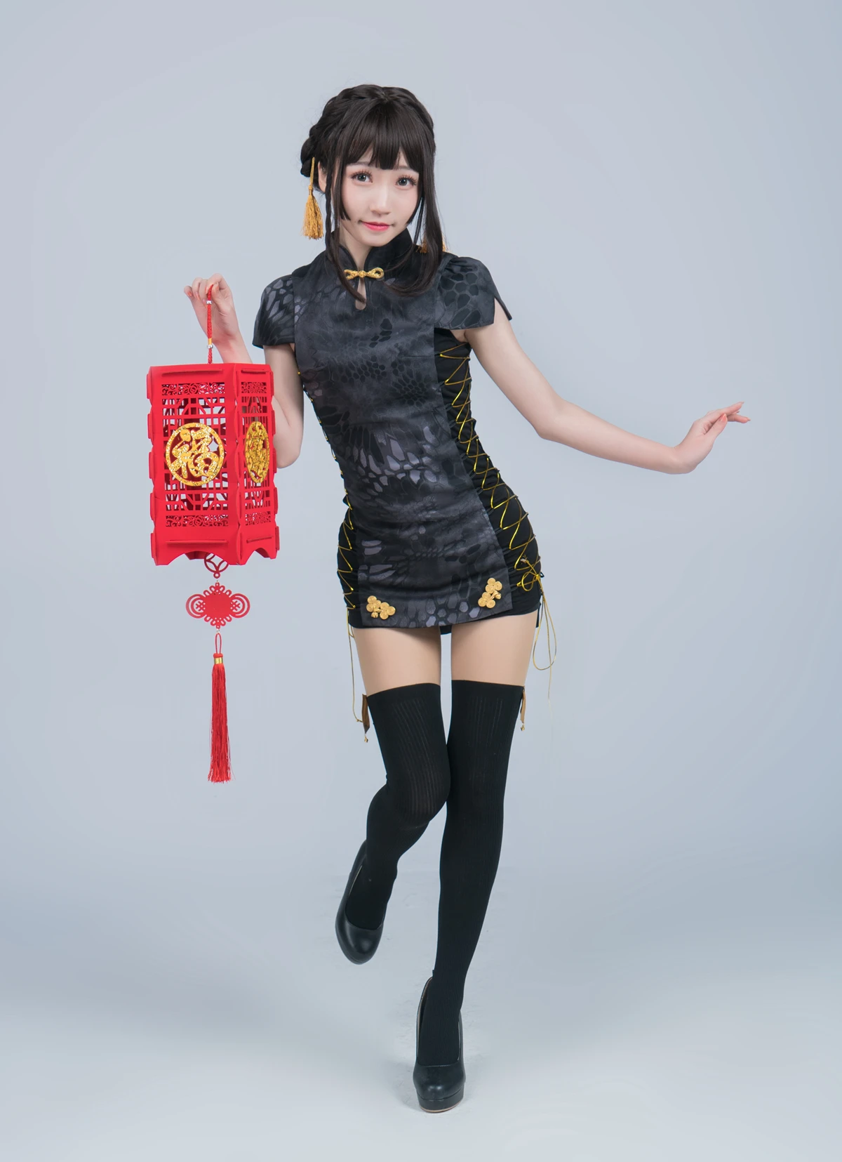 TRN vestido Cheongsam Negro estilo chino para niñas, estilo Retro, táctico, armado, ajustado a la cadera - imagen 4