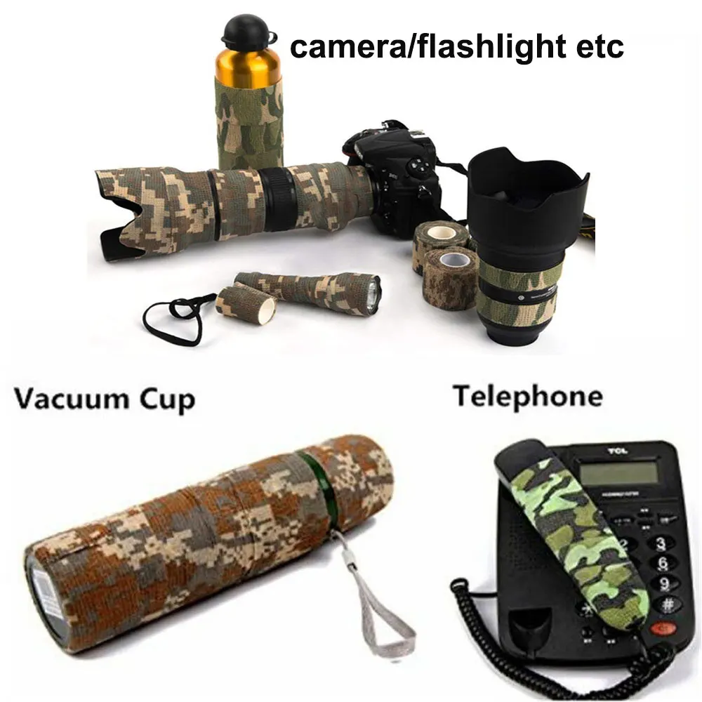 Cinta de camuflaje autoadhesiva para exteriores, vendaje elástico, envoltura protectora táctica no tejida de camuflaje para caza, Rifle, pistola, linterna - imagen 5