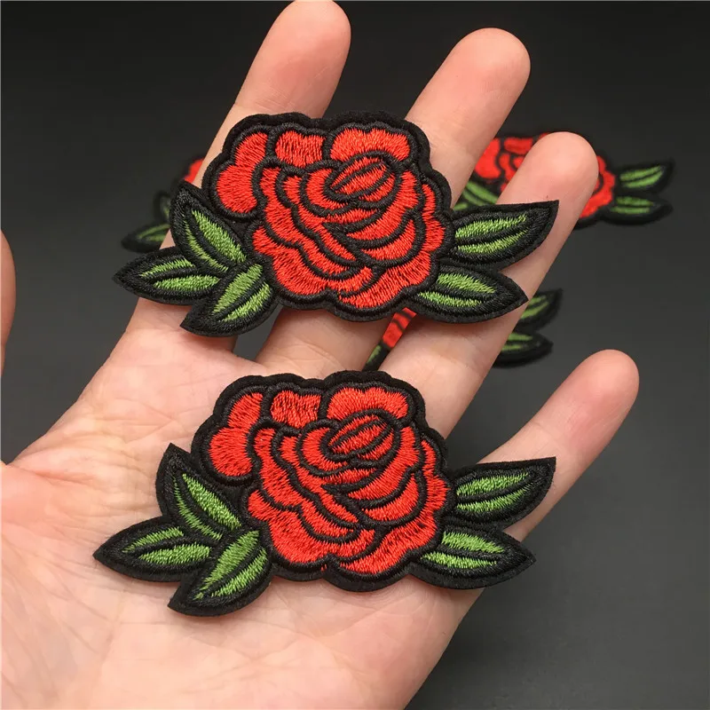 Juego de 5 unids/set de flores rojas, tamaño: 7,5x3,7 cm, bonito parche bordado, raya de costura Diy para apliques de ropa, pegatina para planchar, insignia - imagen 3