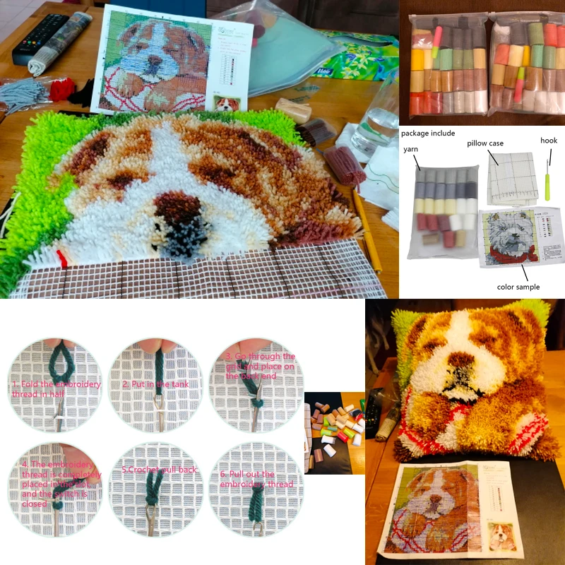 Kit de bordado de almohada de segmento de animales de plantas, punto de cruz de lana gruesa, gancho de pestillo 3D, flores, hierba, bricolaje - imagen 2