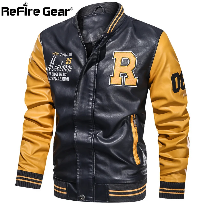 ReFire Gear-chaqueta de cuero sintético para hombre, abrigo de retales de colores, informal, para motociclista, otoño