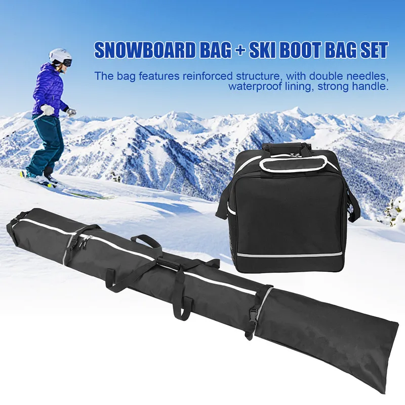 Una bolsa de snowboard y un set de botas de esquí