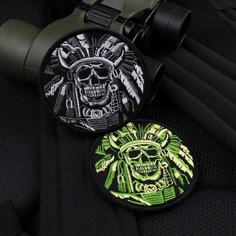 Parche bordado indio DEATH SKULL WAR CHIEF, insignias redondas tácticas de EE. UU. para ropa, chaquetas, apliques decorativos - imagen 3