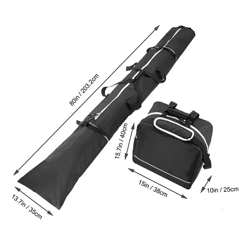 Una bolsa y una caja se muestran con sus dimensiones