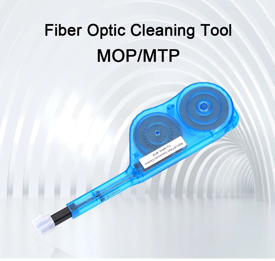 Una herramienta de limpieza de fibra óptica azul