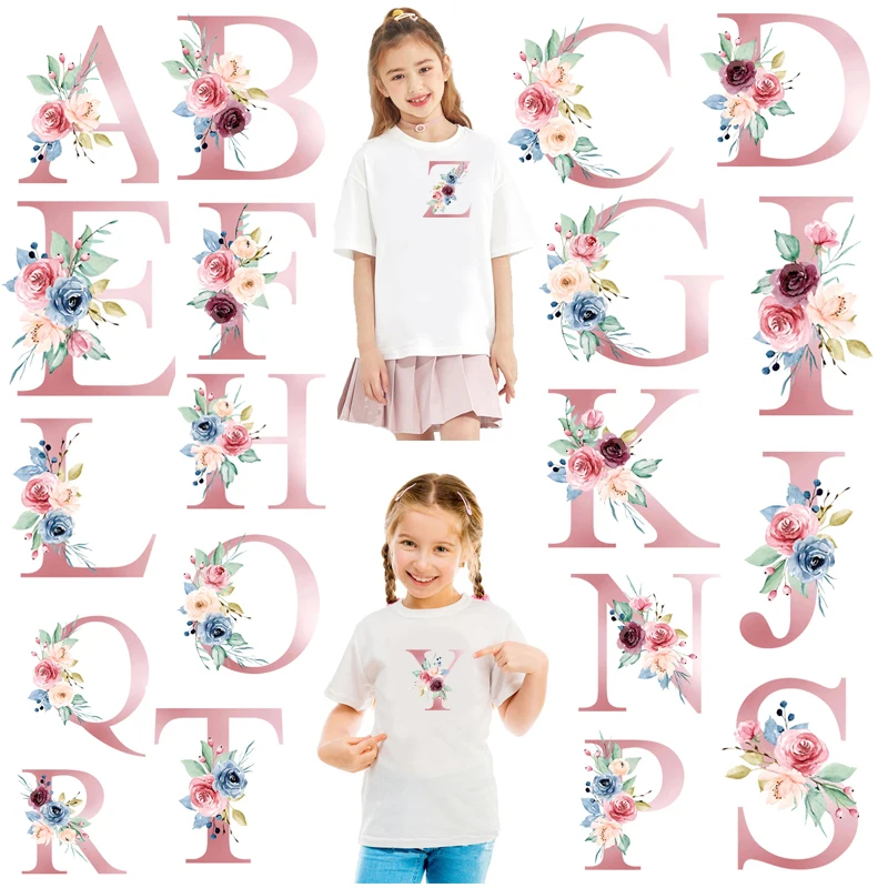 Pegatinas térmicas de 26 letras, transferencia de calor de flores para ropa, apliques de ropa para camiseta de bebé lavable