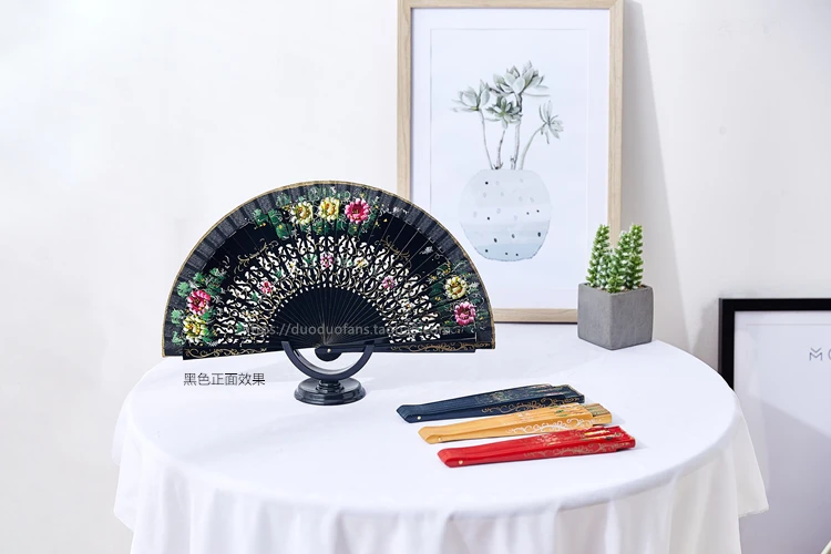 Nuevo cuatro estilos dorados: abanico pintado con borde de tela fácil de llevar, abanico plegable español pintado a mano, abanico de madera, abanico de baile personalizado - imagen 5