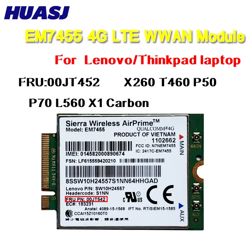 Huasj EM7455 Sierra inalámbrica FDD / TDD LTE, 4G, módulo Gobi6000 para Lenovo FRU: 00JT542, 01AX756, T460, T460p, L560, 260, P50 - imagen 2