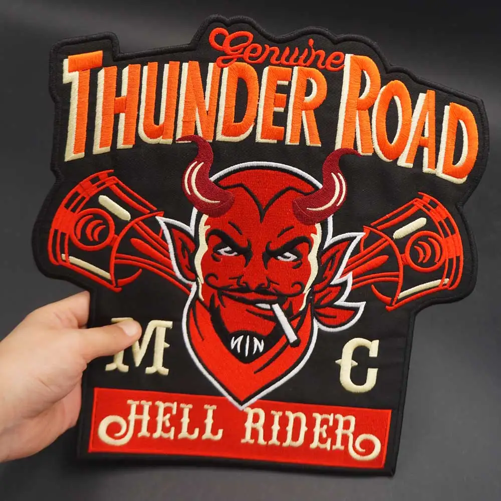 Parche bordado THUNDER ROAD HELL RIDER MC, insignia de tela, chaqueta de cuero, decoración trasera de alto grado, planchado - imagen 3