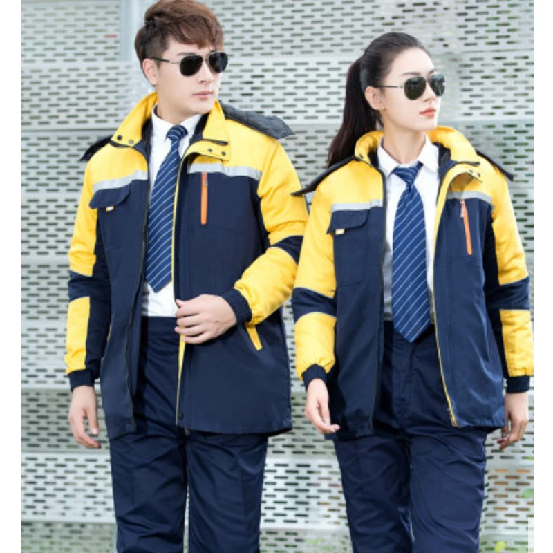 Ropa de trabajo de talla grande para hombre y mujer, chaqueta gruesa cálida, abrigo para reparadores de automóviles, taller mecánico, abrigo con capucha de color contrastante para invierno - imagen 5