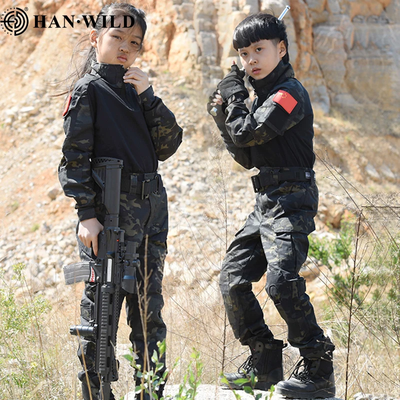 Ropa de entrenamiento de camuflaje para niños, traje de campo al aire libre, ropa de caza, uniforme de combate, Airsoft, camisa táctica, Pantalones - imagen 5