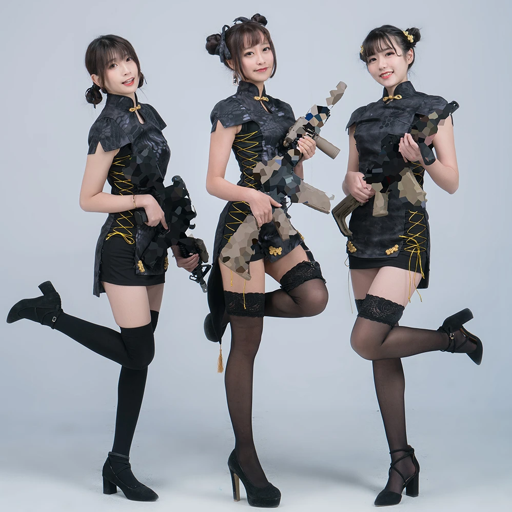 TRN vestido Cheongsam Negro estilo chino para niñas, estilo Retro, táctico, armado, ajustado a la cadera