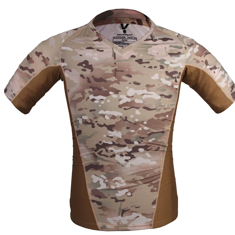 Emersongear, camisas ajustadas de piel táctica con capa Base para correr, pantalones cortos de camuflaje con cuello en V para verano, Tops elásticos de secado rápido para senderismo EM9167 - imagen 5