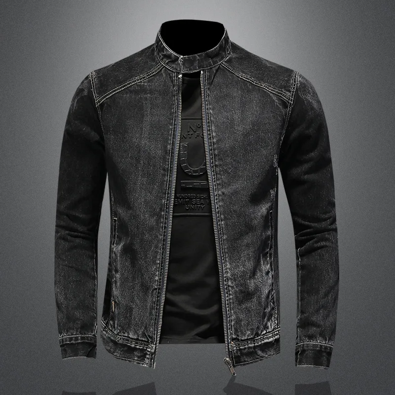 Chaquetas vaqueras informales para hombre, abrigos de vaquero de motocicleta lavados en negro Vintage, cortavientos de cuello levantado, chaqueta vaquera de talla grande M-5XL - imagen 4