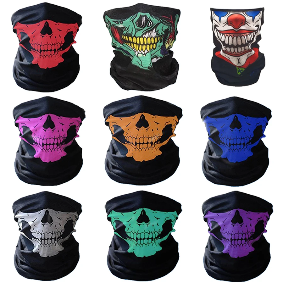 Máscara facial de Halloween para hombres fríos, polaina de cuello, escudo, bufanda elástica, pasamontañas, diademas, Bandana de calavera a prueba de viento, 2 piezas