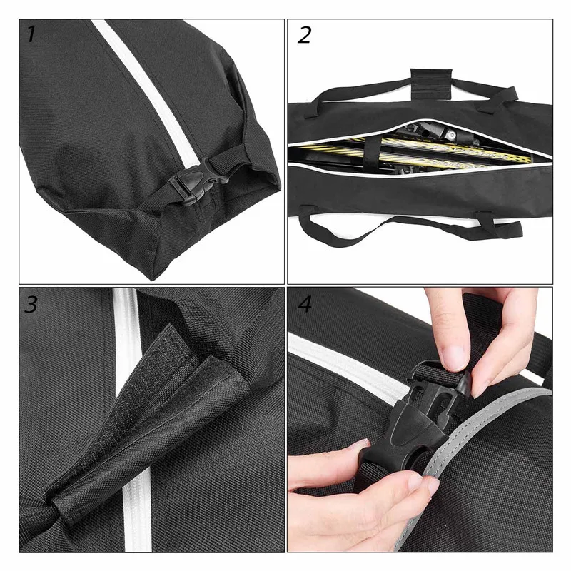 Una bolsa negra con una franja blanca se abre por una mano