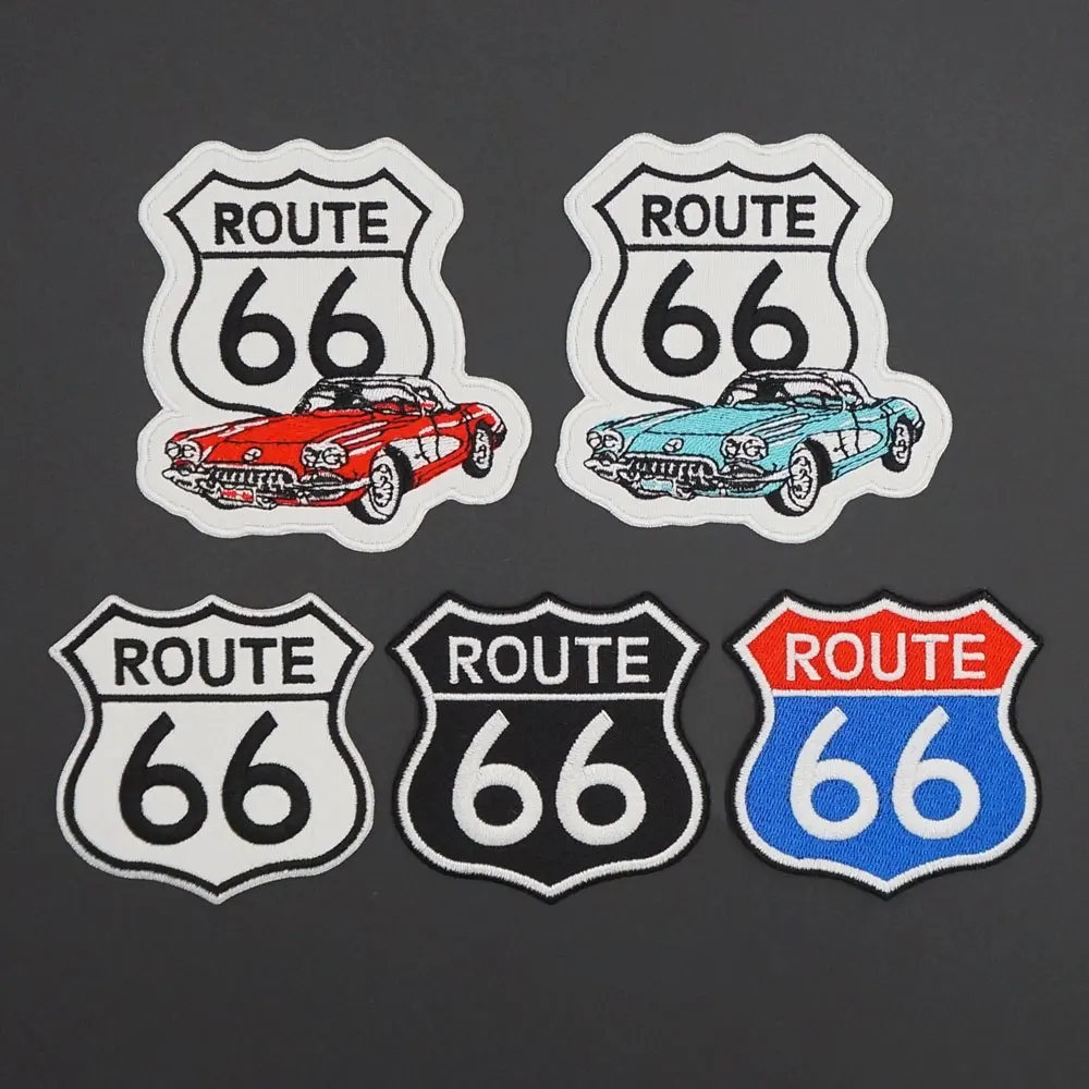 ROUTE 66 parches bordados de motociclista Punk, gancho de hierro, respaldo, chaleco de cuero de caballero para motocicleta, accesorios de decoración, apliques