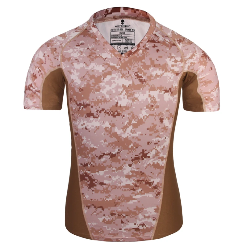 Emersongear, camisas ajustadas de piel táctica con capa Base para correr, pantalones cortos de camuflaje con cuello en V para verano, Tops elásticos de secado rápido para senderismo EM9167 - imagen 4