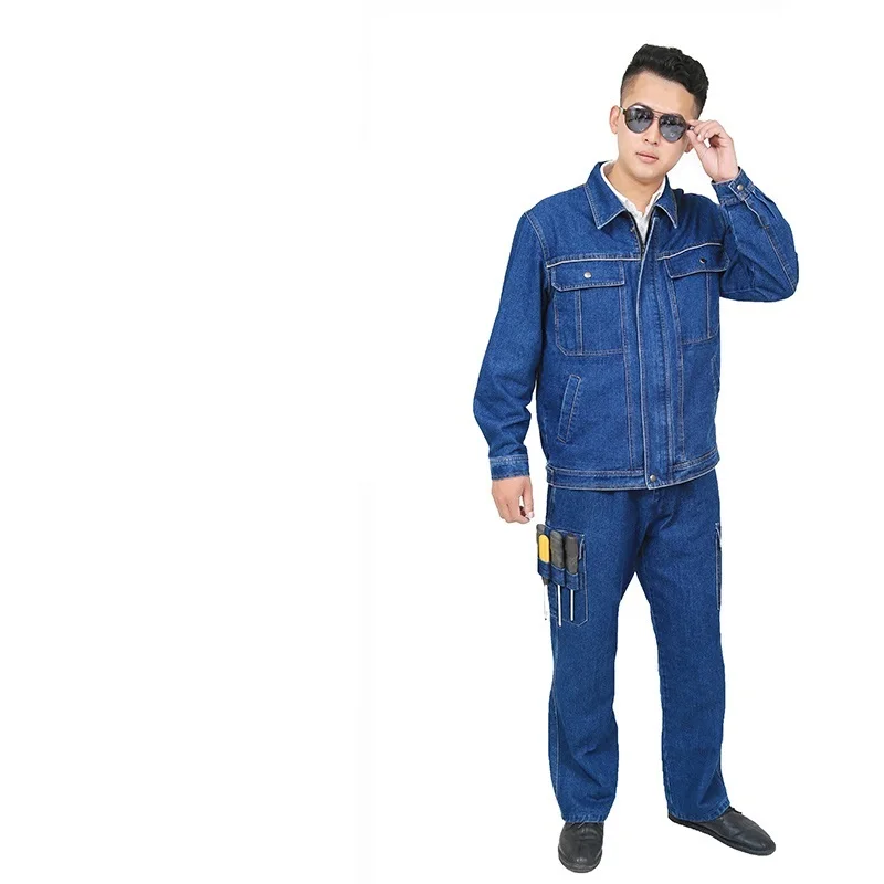 Ropa de soldadura Uniformes de trabajo de mezclilla mangas largas Durable Resistente al desgaste Jeans chaqueta pantalones Multi bolsillos Reparadores eléctricos - imagen 5