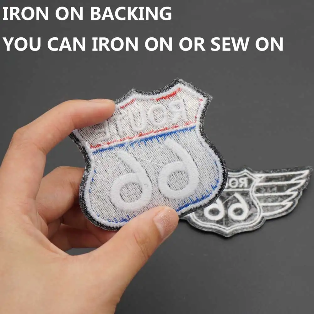 ROUTE 66 parches bordados de motociclista Punk, gancho de hierro, respaldo, chaleco de cuero de caballero para motocicleta, accesorios de decoración, apliques - imagen 2