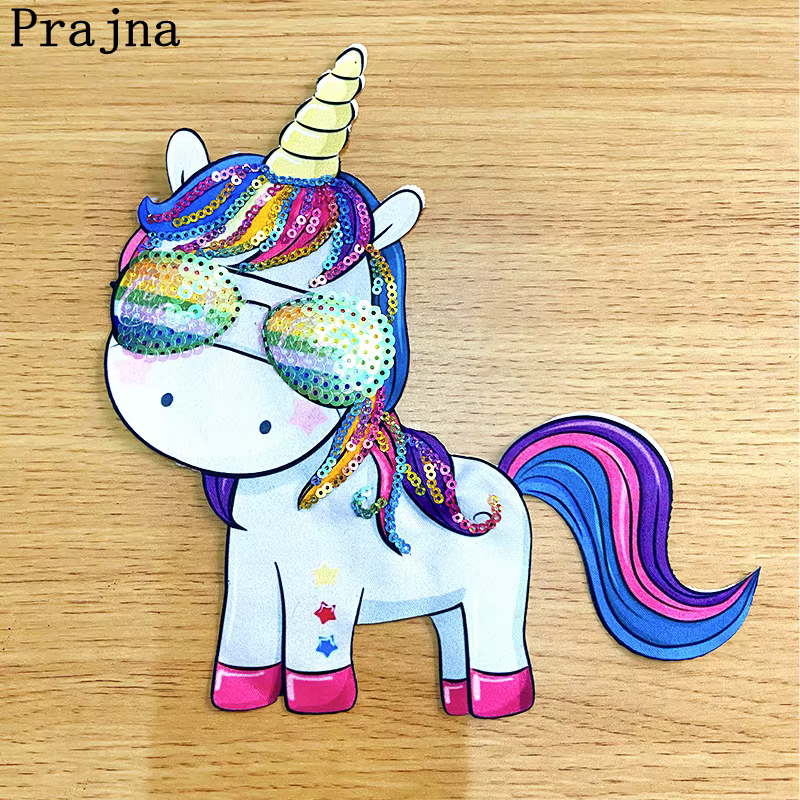 Prajna parche de lentejuelas de unicornio, parches bordados de dibujos animados para ropa, apliques de animales, accesorios de costura - imagen 4