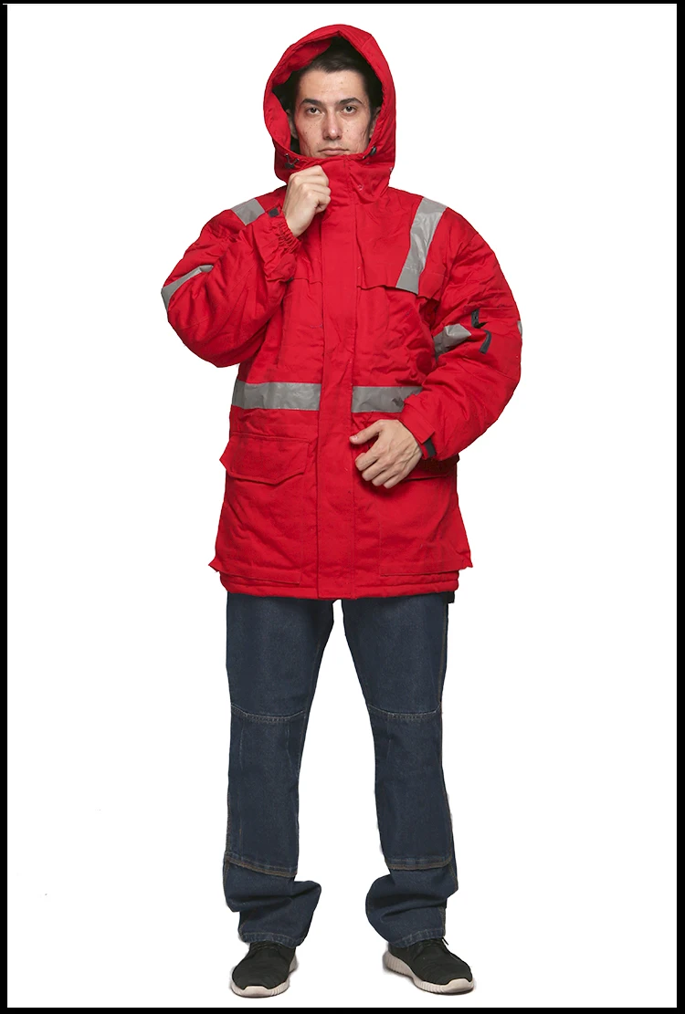 Chaqueta larga con capucha gruesa y cálida a prueba de viento para invierno, abrigo de algodón con rayas reflectantes, taller siamés de manga larga, trabajo a prueba de polvo - imagen 4