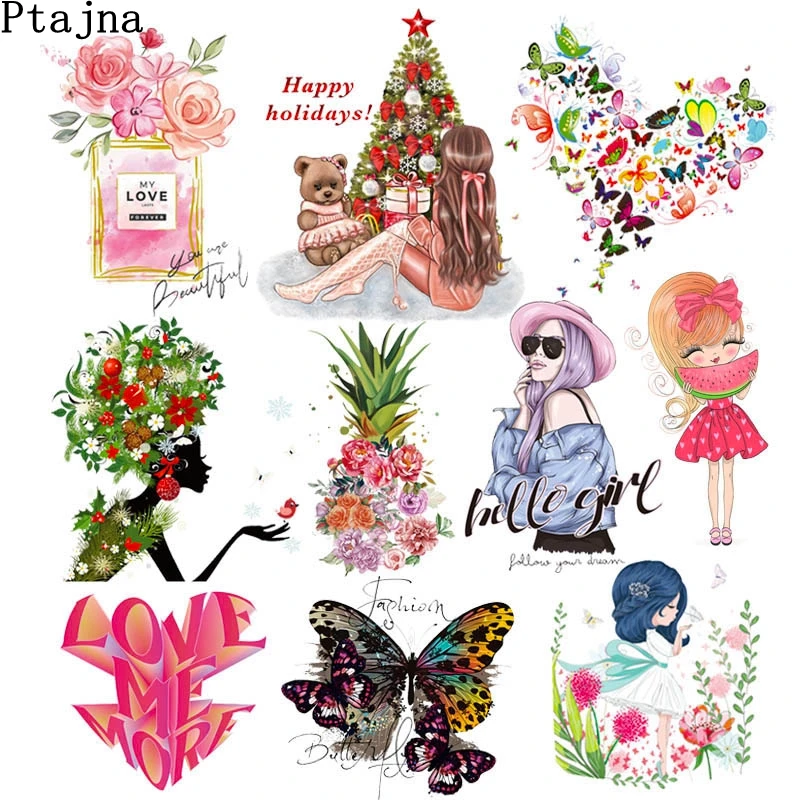 Parche adhesivo térmico de chica a la moda, transferencias de hierro de mariposa colorida para ropa, apliques de dibujos animados, parches de transferencia de calor DIY