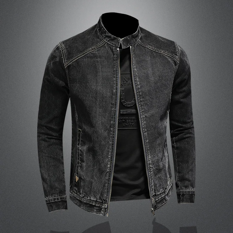 Chaquetas vaqueras informales para hombre, abrigos de vaquero de motocicleta lavados en negro Vintage, cortavientos de cuello levantado, chaqueta vaquera de talla grande M-5XL - imagen 5