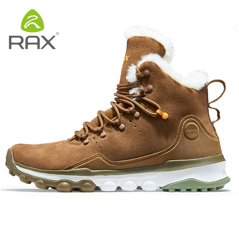RAX zapatos de senderismo de piel de vaca, botas de nieve para hombre, zapatillas de deporte cálidas impermeables, zapatos de trekking para deportes al aire libre, zapatillas de deporte de felpa para caminar para mujer - imagen 2